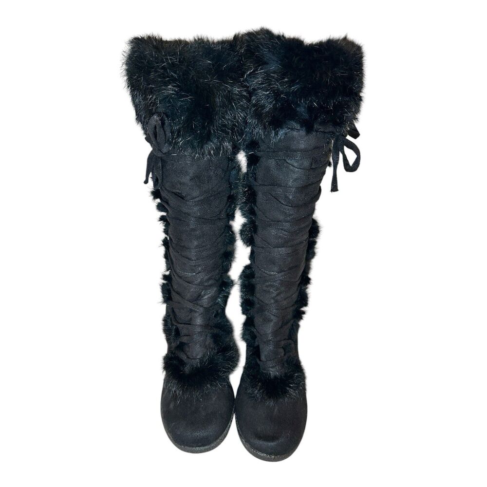 Honey Bear Black Suede Real Rabbit Fur Trim Tall Wedge Boots Size 10 Winter Y2K